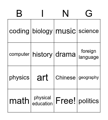 School Subject  Bingo Card