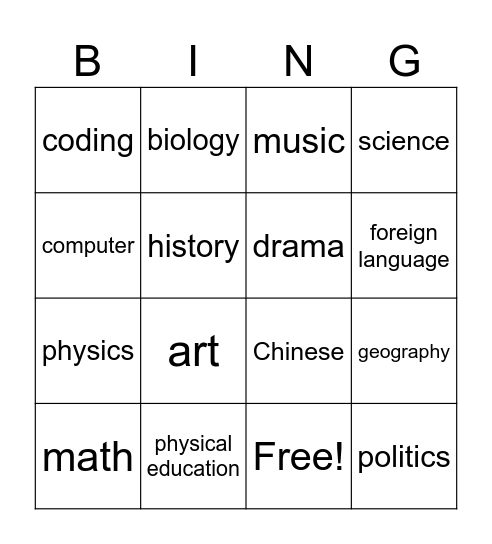 School Subject  Bingo Card