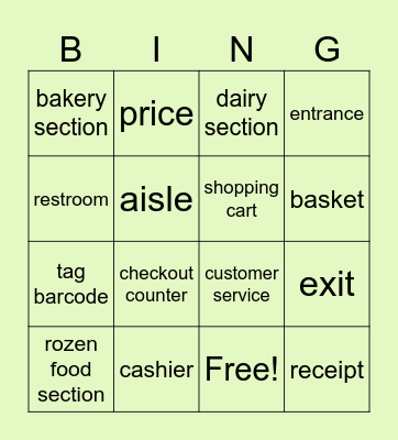 Supermarket Bingo Card