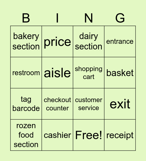 Supermarket Bingo Card