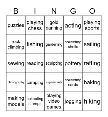 Hobbies Bingo Card