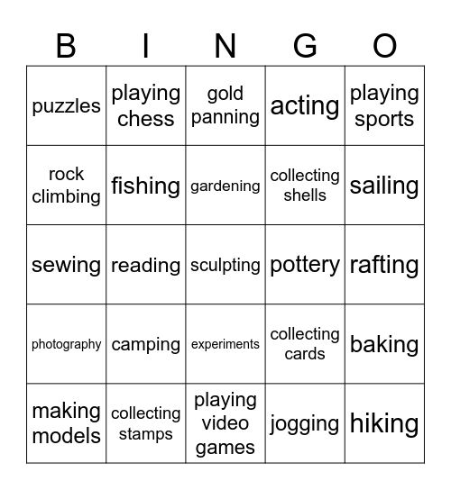 Hobbies Bingo Card