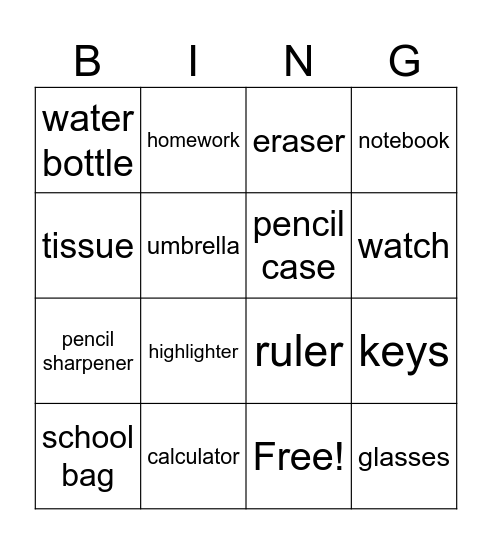 School Bag Bingo Card