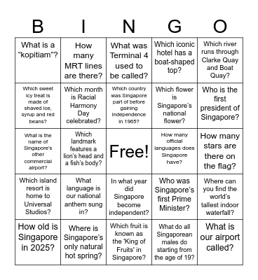 National Day Theme Bingo Card