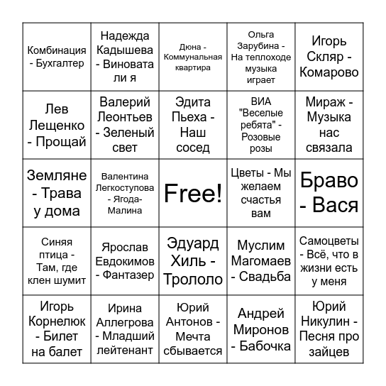 Ретро Хиты Bingo Card