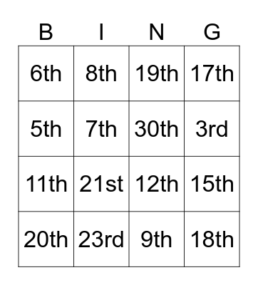 Ordinal Numbers Bingo Card