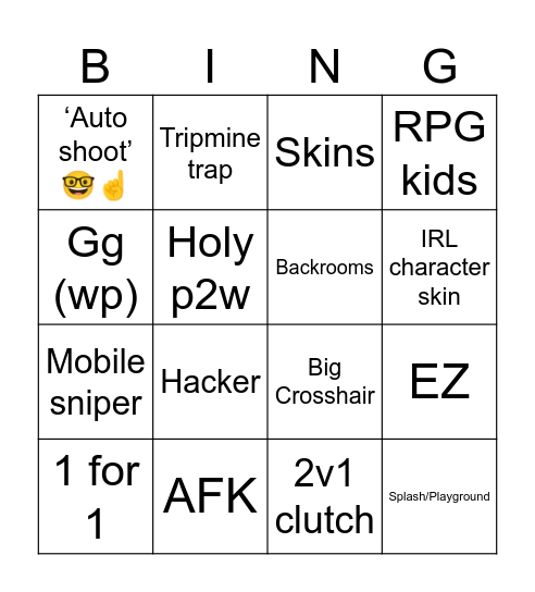 Rivals 2v2 bingo Card