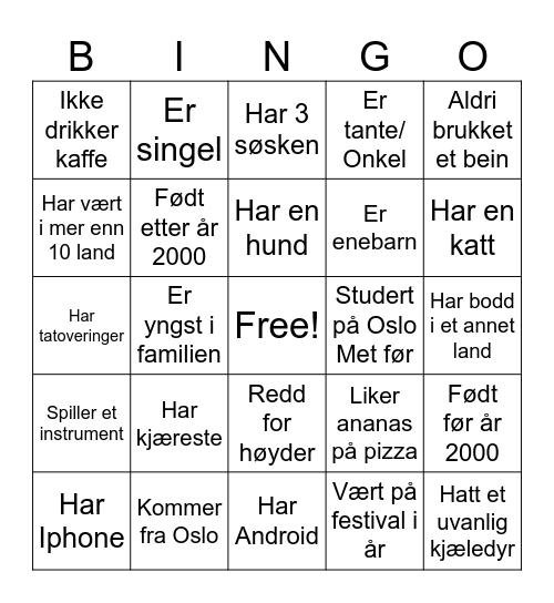 Fadderuke bingo Card