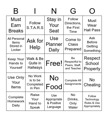 Classroom Rules Bingo Card