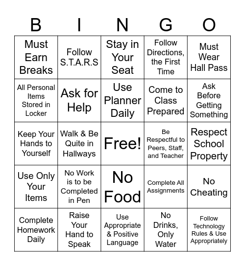 Classroom Rules Bingo Card