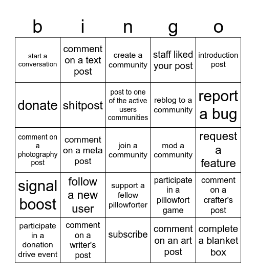 PILLOWFORT Bingo Card