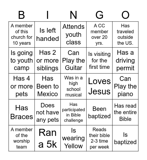 FELLOWSHIP BINGO Card