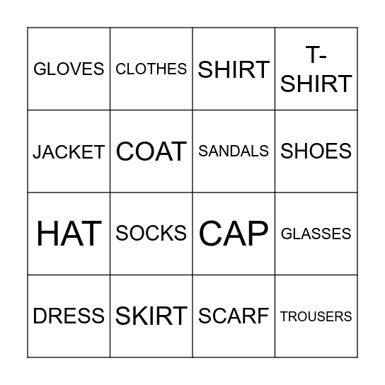 CLOTHES Bingo Card
