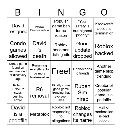 My roblox 2026 bingo! Bingo Card