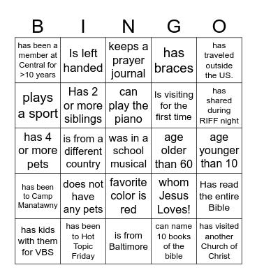 FELLOWSHIP BINGO Card