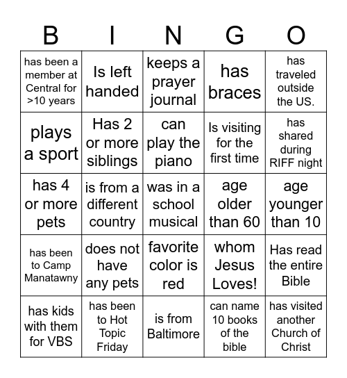 FELLOWSHIP BINGO Card