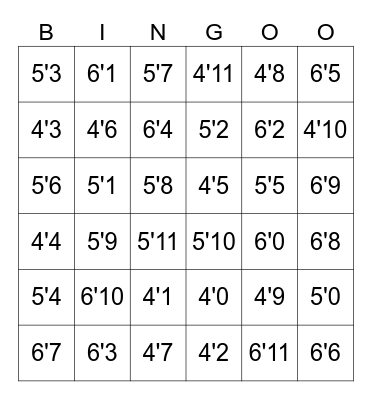 Nude Body by Height Bingo Card