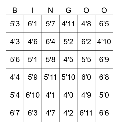 Nude Body by Height Bingo Card