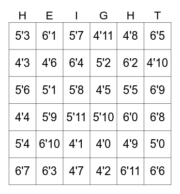 Nude Body by Height Bingo Card