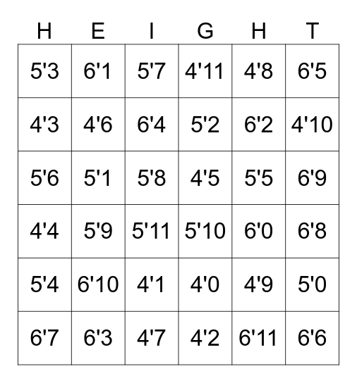 Nude Body by Height Bingo Card