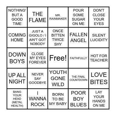 MY (MOSTLY) 80s PLAYLIST Bingo Card