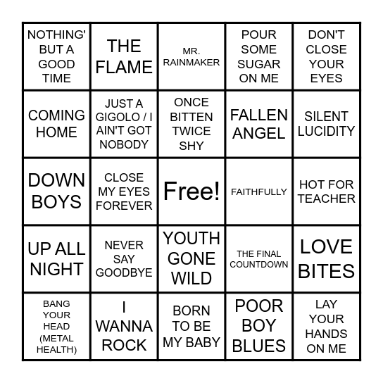MY (MOSTLY) 80s PLAYLIST Bingo Card