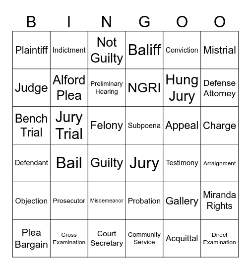 Court Terminology Bingo Card