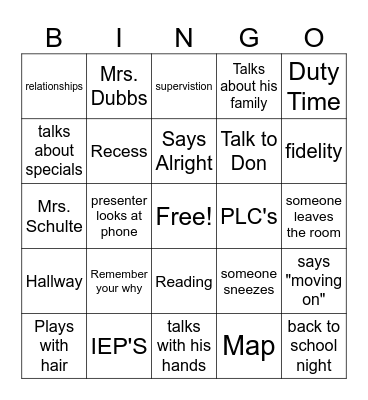 Back to School Bingo Card