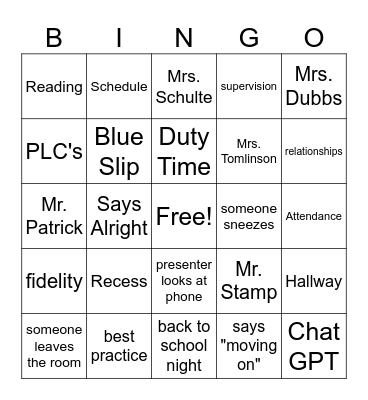 Back to School Bingo Card