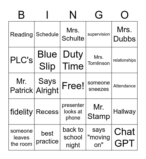 Back to School Bingo Card