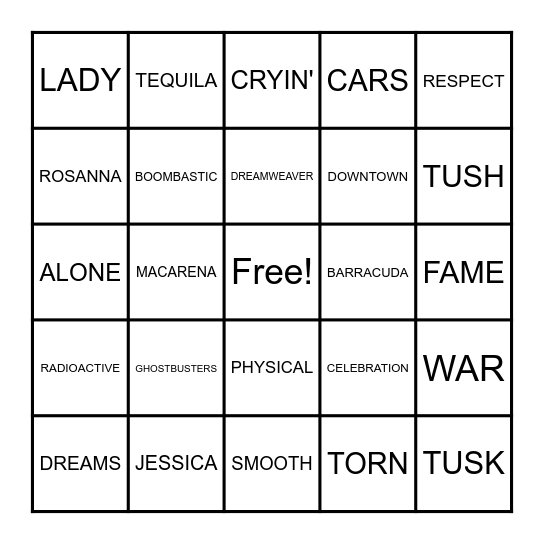 ONE WORD SONG TITLES Bingo Card