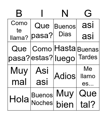 Spanish Greetings Bingo Card