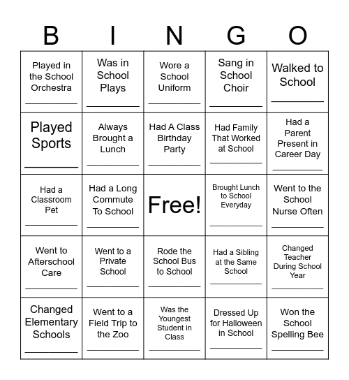 Back To School Bingo Card