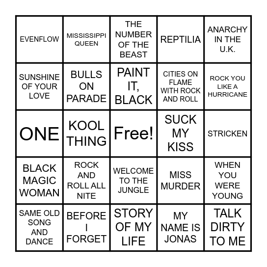 GUITAR HERO 3 Bingo Card