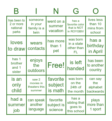 Get to know you Bingo Card