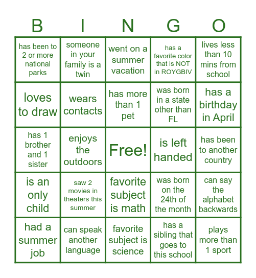 Get to know you Bingo Card