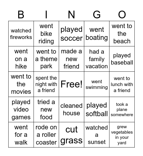 What Did You Do This Summer Bingo Card