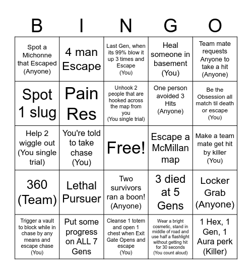 DBD SURIVOR With Fam&Friends Bingo Card