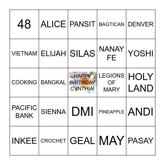 Cynthia's BIRTHDAY BINGO! Bingo Card