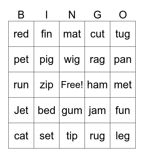 CVC word Bingo Card