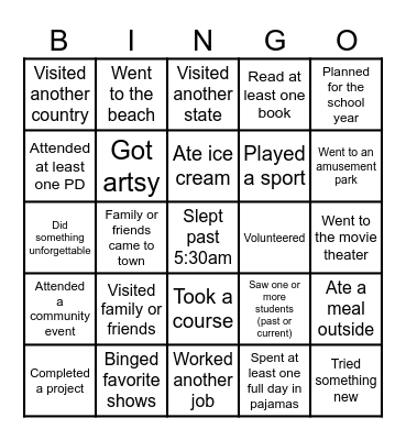 Summer Break Bingo Card