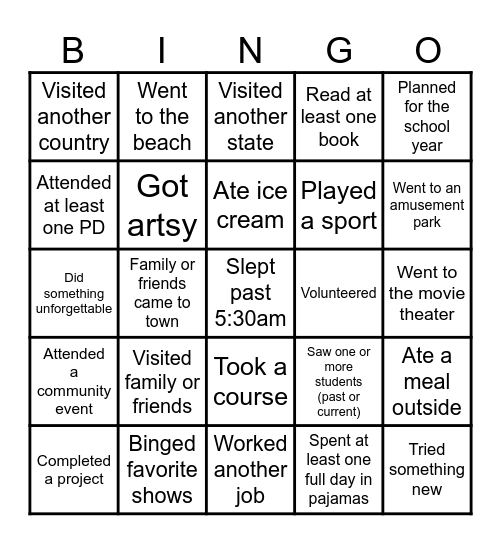 Summer Break Bingo Card
