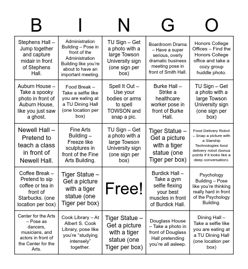 Honors Orientation Snapshot Bingo Card