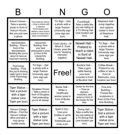 Honors Orientation Snapshot Bingo Card