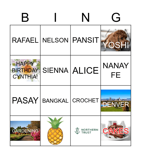CYNTHIA'S BIRTHDAY BINGO! Bingo Card