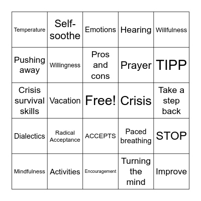 Distress Tolerance Review Bingo Card