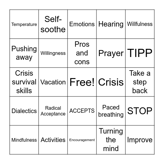 Distress Tolerance Review Bingo Card