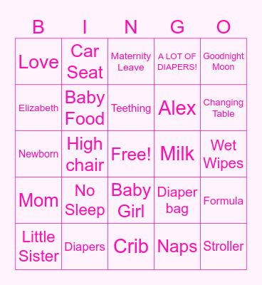 Elizabeth's Baby Shower Bingo Card