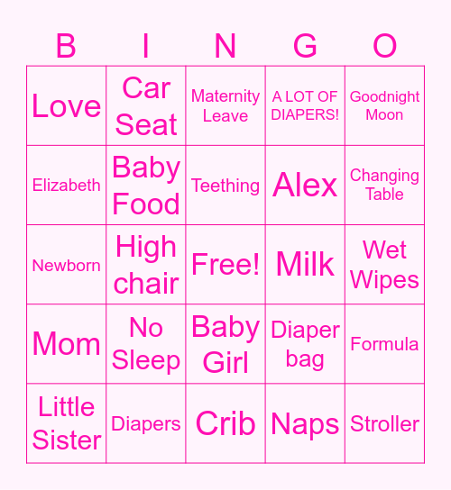 Elizabeth's Baby Shower Bingo Card