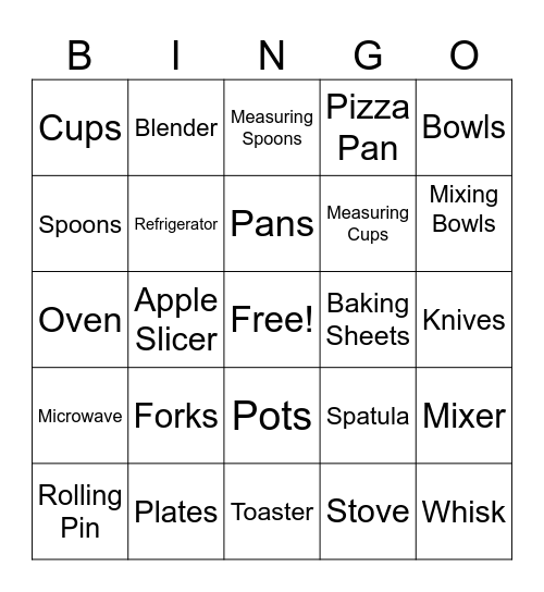 Kitchen Items Bingo Card